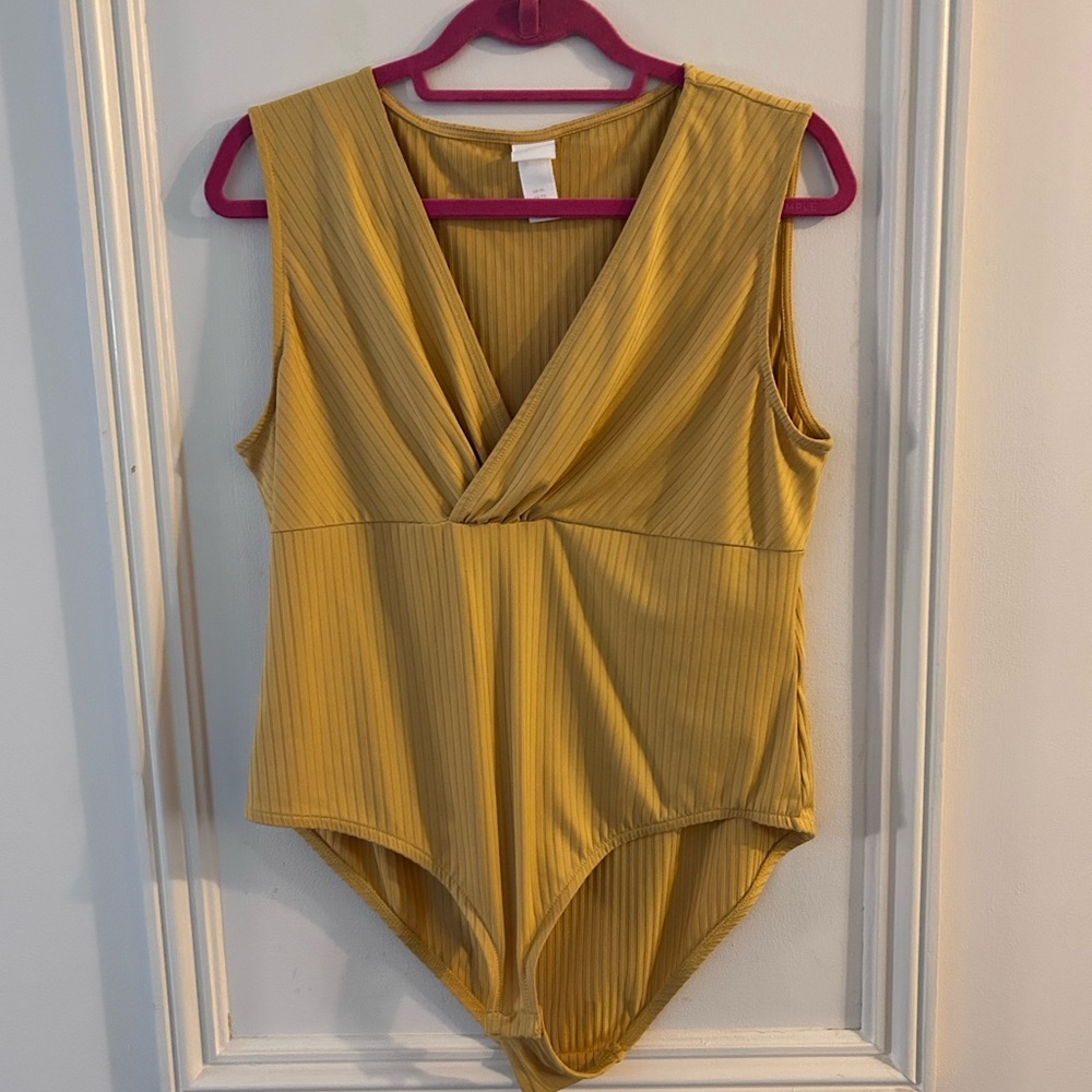 H&M Mustard Ribbed V-Neck Bodysuit